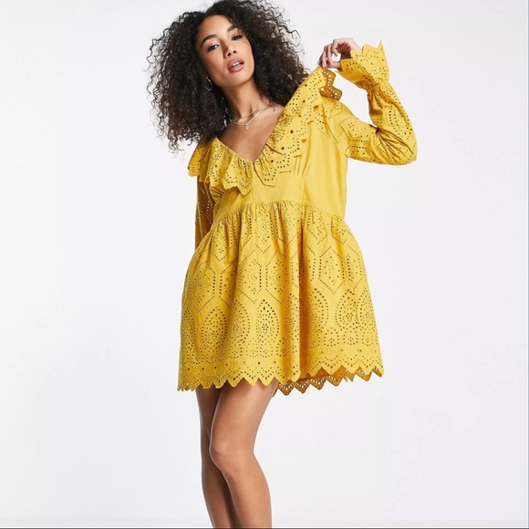 Topshop Dresses & Skirts - NWT Topshop Broderie Ruffle Neck Chuck On Dress Mustard Yellow Size 12